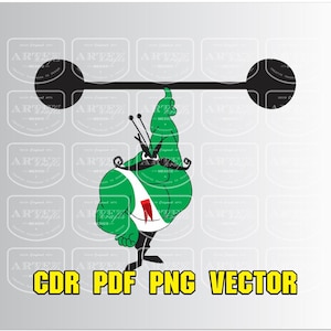 Puede incluir: Ilustración de dibujos animados de una criatura verde levantando una barra. La criatura tiene un diseño blanco y rojo en el pecho y lleva un traje negro. El texto "CDR PDF PNG VECTOR" está en amarillo en la parte inferior.