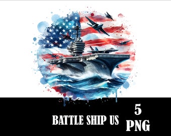 May include: A watercolor illustration of an American aircraft carrier sailing on the ocean with fighter jets flying overhead. The carrier is surrounded by a watercolor rendering of the American flag.