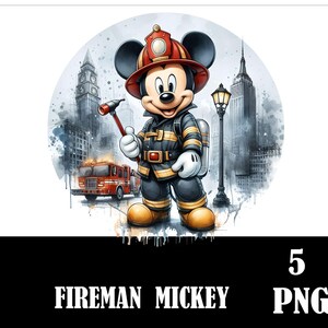 May include: Mickey Mouse dressed as a firefighter, standing in front of a fire truck and a city skyline. He is wearing a red helmet, a yellow jacket, and black pants. The background is a watercolor painting of a city.