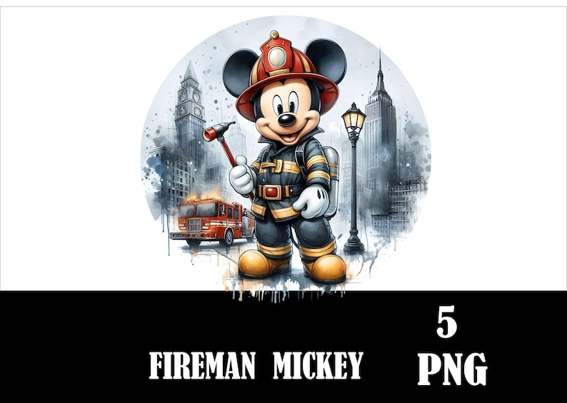 May include: Mickey Mouse dressed as a firefighter, standing in front of a fire truck and a city skyline. He is wearing a red helmet, a yellow jacket, and black pants. The background is a watercolor painting of a city.