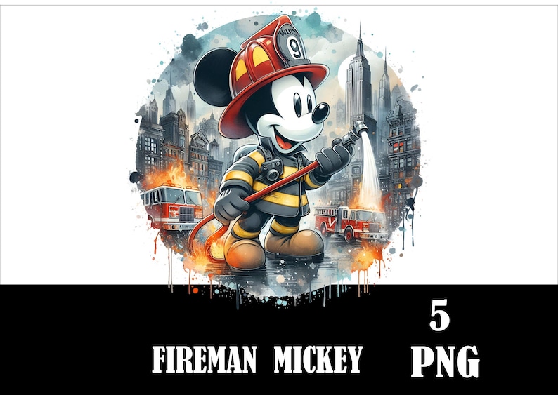 May include: A digital illustration of Mickey Mouse dressed as a firefighter, holding a hose and standing in front of a burning building. The background is a watercolor-style cityscape with fire trucks and smoke.