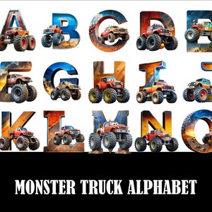 Fuente del alfabeto de Monster Truck, clipart png, descarga de plantilla de sublimación, archivo digital, diseño de camiseta, fuente del alfabeto de Monster