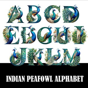 May include: An alphabet with each letter formed from a peacock with blue, green, and gold feathers. The letters are A, B, C, D, E, F, G, H, I, J, K, L, and M. The text "INDIAN PEAFOWL ALPHABET" is below the letters.