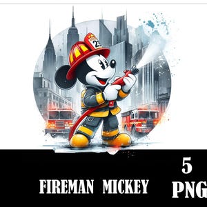 May include: Mickey Mouse dressed as a firefighter, holding a hose and standing in front of a city skyline. He is wearing a red helmet with the number 24 on it. There are fire trucks in the background.