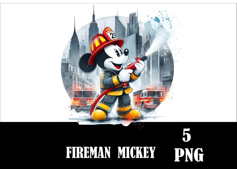 May include: Mickey Mouse dressed as a firefighter, holding a hose and standing in front of a city skyline. He is wearing a red helmet with the number 24 on it. There are fire trucks in the background.