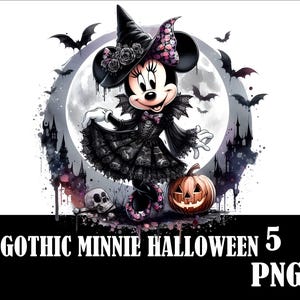 May include: Gothic Minnie Mouse dressed in a black witch costume with a pink and purple hat, holding a jack-o-lantern in front of a full moon and a spooky castle backdrop.  The text "Gothic Minnie Halloween 5 PNG" is at the bottom of the image.