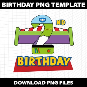 Könnte beinhalten: Ein druckbares Geburtstagsdesign mit einem grünen, violetten und roten Buzz Lightyear-Raumschiff mit der Zahl "2" und dem Text "2nd Birthday".