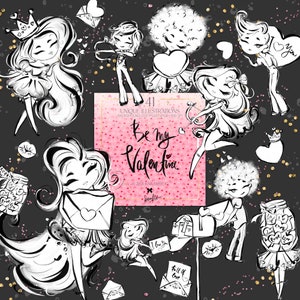 KaramfilaS Valentines Doodle Clipart Páginas para colorir de São Valentim Clipart fofo de planejador de cupido Casais apaixonados Dia dos Namorados Sublimação Imagens PNG