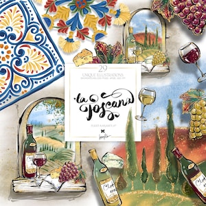 Toscana Clipart Karamfila Cocina italiana Vino Queso Paisaje Campos Italia Mediterráneo Azulejos Adornos geométricos Sublimación PNG Pegatina