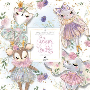 Bebê Animais Clipart Karamfila Princesa Gato Coelho Veado Elefante Bailarina Brinquedo Pastel Floral Adesivo Clip Arts Berçário Sublimação PNG