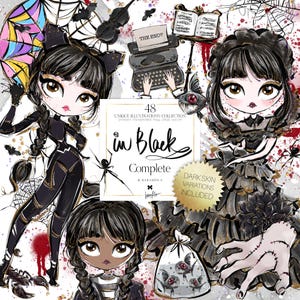 May include: A digital illustration collection titled "in Black" featuring four stylized female figures in black attire, with gothic and Halloween-themed elements like spiders, bats, and a typewriter. Includes dark skin variations.