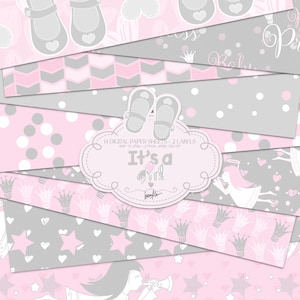 Pack de papier numérique bébé fille Karamfilas princesse bébé anges pastel planificateur autocollants gris rose chambre de bébé sublimation impressions sur tissu