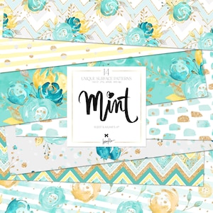 Mint Gold Hochzeitsblumen Digitales Papier Pack Waterolor Peonies Romantische Planer Aufkleber Chevron Striped Gold Glitter Nahtlose Muster