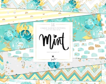 Mint Gold Floral Digital Paper Pack: Watercolor Peonies (Digital Download)