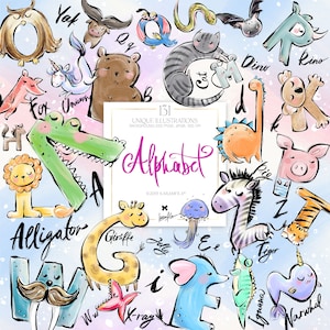 Alfabeto de animales Clipart Karamfila S Letras para niños Ilustraciones de regreso a la escuela Clip Art para niños Imágenes de sublimación de cebra, jirafa y elefante