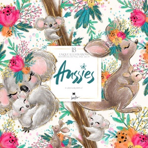 Clipart koala et kangourou, animaux australiens KaramfilaS fleurs printanières planner Stickers Clip Art, sublimation lunatique de paillettes australiennes PNG.