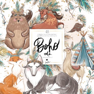 Boho Zwierzęta Clipart Native American's Feather Crown Namiot Niedźwiedź Lis Wilk Koń Lama Orzeł Strzały Dzieci Clip Art Zestaw Planner Naklejki