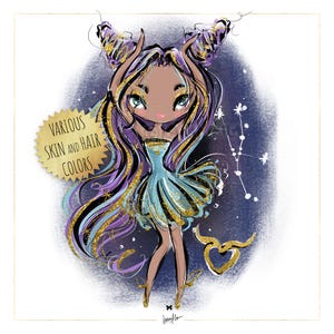 Sternzeichen Stier Clipart, Kinder Sternzeichen Puppen Planer Aufkleber, Feminine Sternzeichen Sublimationsgrafiken, Print on Demand Scrapbook Grafiken