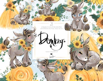 Baby Donkey Sunflower Clip Art Set: Summer Planner Stickers (PNG Digital Download)