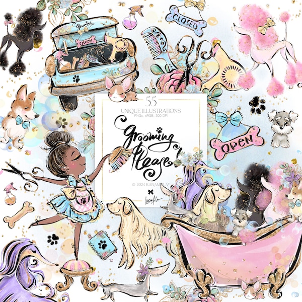 Dog Groomer Clipart KaramfilaS Grooming Planner Stickers Dog Pets Cartoon Cute Character Hairdresser's Sublimation PNG POD Party Supplies