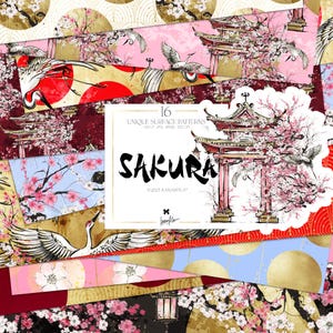 Flor de cerejeira japonesa Papel digital Karamfila Japão aquarela guindaste padrões de superfície sem costura lanterna Japão pavilhão tecido design impressão