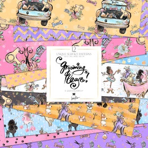 Dog Groomer Digital Paper Pack KaramfilaS Pet Grooming Planner Stickers Cute Dog Lovers Cartoon Characters Fabric Sublimation Design Print