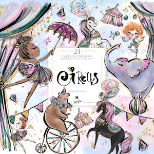Clipart de Circo Karamfilas Palhaço Bailarina Elefante Urso Bicicleta Coleção de Gráficos de Circo para Impressão por Sublimação Scrapbooking Papel Artesanal