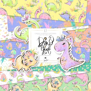 Pack de papier numérique Dino Girls KaramfilaS, bébé dinosaure, princesse, œufs, motifs de surface en tissu, kit de scrapbooking Little Explorer, impression par sublimation