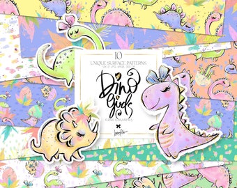 Dino Girls Digital Paper Pack: Prinzessin Dinosaurier Muster (Digitaler Download)
