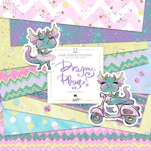 KaramfilaS Dragons Basic Patterns, Pastel Dots Digital Paper, Chevron Glitter Paper, Glittering Dots Backgrounds, Children’s Custom Fabrics.