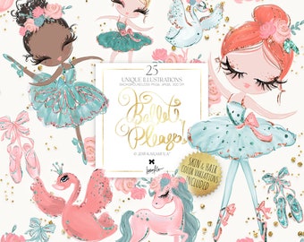 May include: A set of 25 digital illustrations featuring ballerinas, swans, and unicorns. The illustrations are in a whimsical style with glitter accents and pastel colors. The text "Ballet Please!" is included in the image.