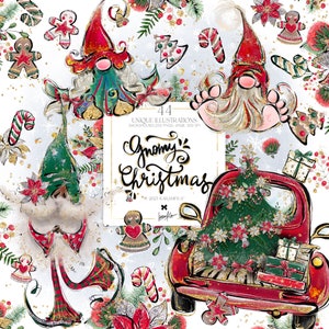 Weihnachten Wichtel Clipart, KaramfilaS X-mas Roter LKW Silber Gold Glitzer Blumen Planner Sticker Clip Art Print on Demand Illustrationen