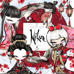 Japan Clipart KaramfilaS Japanische Kokeshi Puppen Sakura Kirschblüten Planer Aufkleber Kräne rote Sonne Laternen Sublimationsdruck PNGs