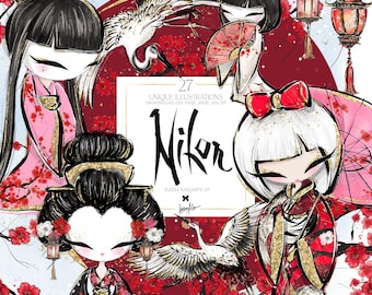 Puede incluir: Un conjunto de 27 ilustraciones digitales únicas de inspiración japonesa con mujeres con ropa tradicional, flores de cerezo, grúas y linternas. El texto "Nikon" aparece en el centro de la imagen.