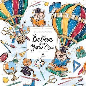Back to School Clipart, KaramfilaS Schule Eule Heißluftballon Studenten Lehrer Werkzeuge Planer Aufkleber Clip Art Print on Demand Illustration