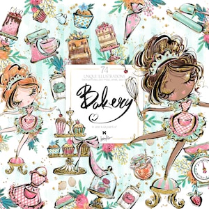 Bäckerei Clipart Kuchen Küche Werkzeuge UG, Kochbuch Planer Aufkleber Floral Cupcakes Sublimation PNG Konditorei Drucknachfrage Lieferungen
