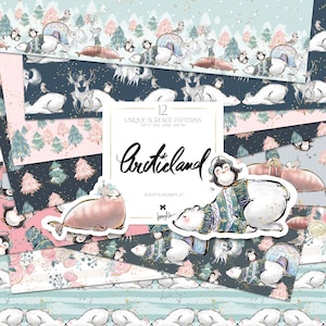 Arktis Tiere Digitales Papier KaramfilaS Winter Wald Planer Aufkleber Pastell Eis Blumen Pinguin Weißer Bär Kinder nahtlose Muster