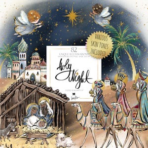 Nativité Clipart Karamfila Sainte nuit réveillon de Noël bébé Jésus Vierge Marie trois hommes sages planificateur d'autocollants Kit de scrapbooking Sublimation PNG ensemble