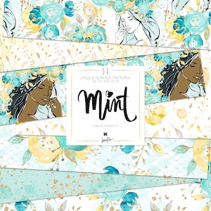 Waterolor Mint Hochzeitsblumen Digitales Papier Pack Pfingstrosen Braut Mode-Illustration Planer Aufkleber Nahtlose Muster Sublimationsdruck