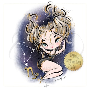 Dierenriem Steenbok Clipart Children's Zodiac Dolls Planner Stickers Vrouwelijke Zodiac Sublimatie Graphics Print on Demand Scrapbook-afbeeldingen