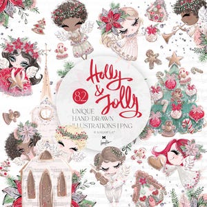 May include: A collection of hand-drawn Christmas illustrations featuring angels, gingerbread figures, poinsettias, and a Christmas tree. The central design element is a circular graphic with the text "Holly & Jolly" and the number 82.