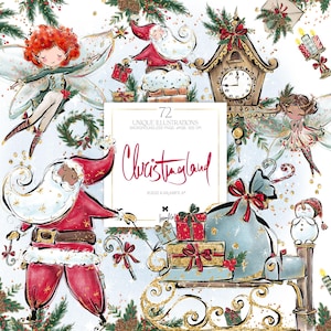 Papai Noel Natal Elfos Fadas Clipart Relógio Vintage Boneco de Neve Planejador Adesivos Natal Menino Fada Bastão de Doce Desejos Carta Clip Arts Conjunto