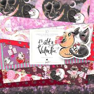 Saint-Valentin chaton papier numérique KaramfilaS chats Saint-Valentin motifs Saint-Valentin clair de lune ciel nocturne coeurs planificateur Stickers tissus