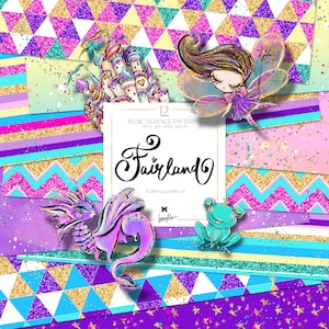 KaramfilaS Ensemble de papier numérique Fairyland Basic, rayures géométriques scintillantes, motifs dégradés pastels à chevrons pour impression de papier et de tissu