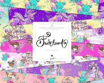 May include: A set of 12 digital paper patterns featuring a whimsical fairytale theme. The patterns include images of fairies, unicorns, castles, frogs, and flowers in a variety of colours, including pink, purple, blue, and green. The patterns are 12x12 inches and 300 DPI.