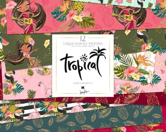 Papier numérique tropical, motifs flamants roses scintillants, autocollants d'agenda d'été tropical, tissus personnalisés oiseaux exotiques, motif de surface pour filles Hula