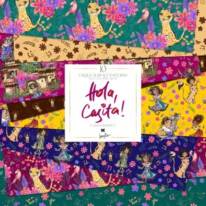 May include: A collection of ten unique surface patterns, featuring colorful illustrations of leopards, flowers, and characters. The patterns include the text "Hola, Casita!" and are 12x12 inches in size.