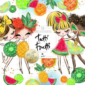 Tropische Früchte Sommer Clipart Karamfilas Planer Puppen Kindermode Aufkleber Wassermelone Ananas Kiwi Orange Limette Sublimation PNG Art