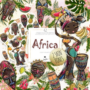 Afrikanische Tribal Clipart Afrikanische Frau Holzmasken Afrika Silhouette tropische Früchte ClipArt Kinder Clip Art Planner Stickers Sublimation PNG