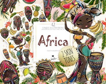 African Clipart: Tribal Masks, Woman, Tropical Fruits (PNG)